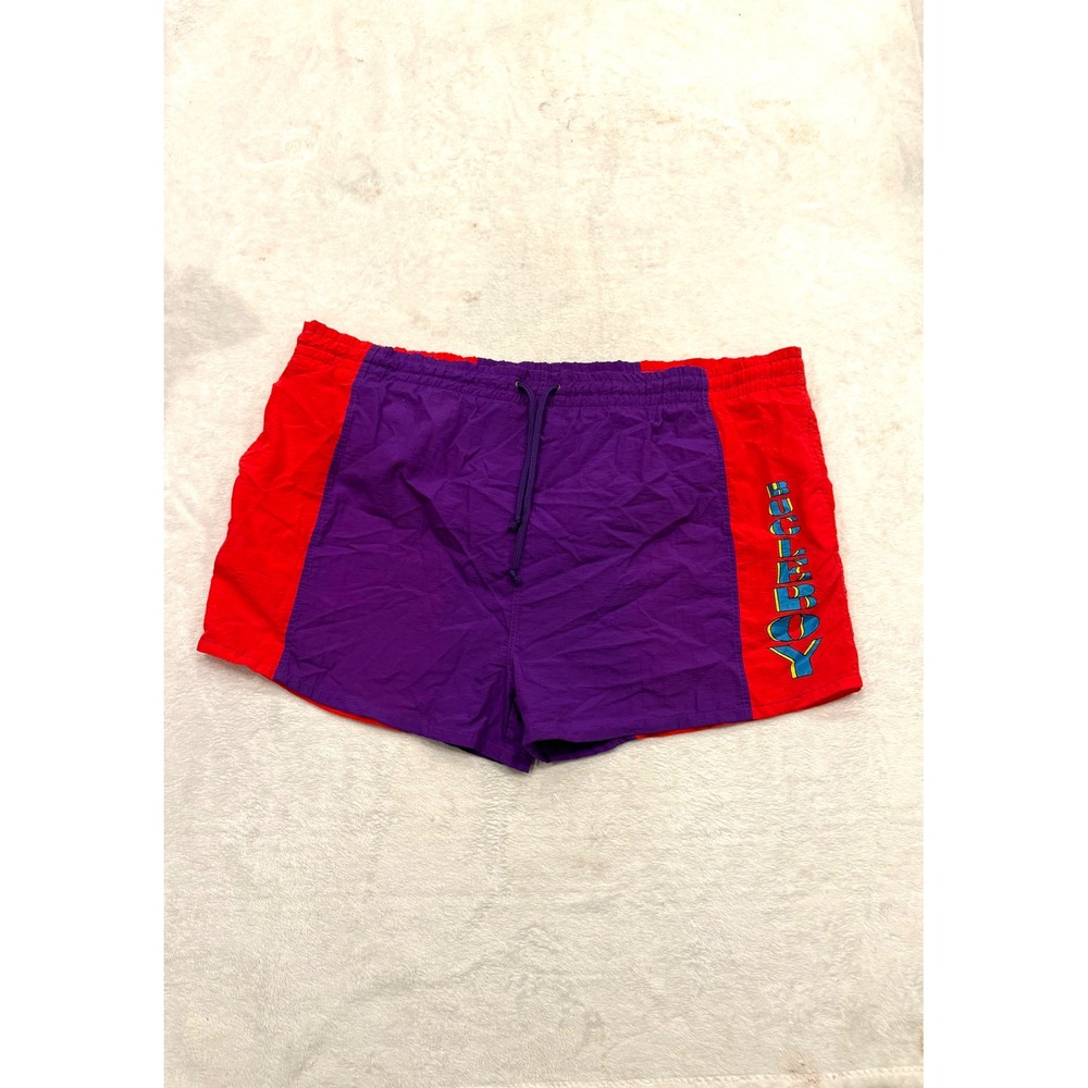 Vintage Bugle Boy Mens XL Swim Trunks Purple Red Colorblock Logo Nylon Shorts